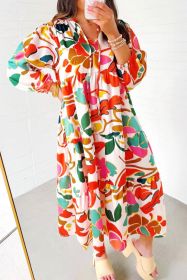 Orange Abstract Tie V Neck Tiered Plus Size Dress (size: (US 14W-16W)1X)