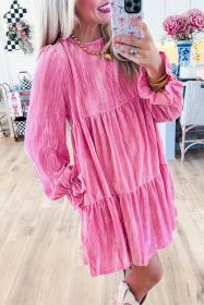 Strawberry Pink Flounce Sleeve Tiered Ruffled Velvet Mini Dress (size: (US 12-14)L)