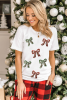 White Christmas Bowknot Patched Graphic Cotton Blend T Shirt