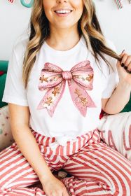 White Christmas Gingerbread Man Bowknot Print Crewneck Tee (size: (US 20-22)2XL)