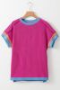 Bright Pink Textured Contrast Color Round Neck T Shirt
