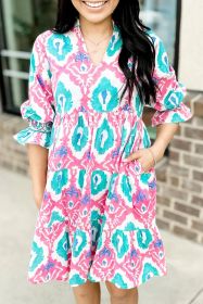Multicolour Boho Abstract Smocked Sleeve Tiered Dress (size: (US 12-14)L)