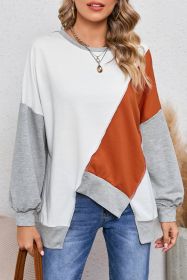 Khaki Colorblock Stitching Irregular Hem Long Sleeve Top (size: (US 20-22)2XL)