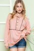 Pink Solid Color Exposed Seam Henley Pullover Hoodie