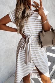 Khaki Stripe Belted Wrapped Hemline T Shirt Midi Dress (size: (US 12-14)L)