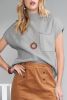 Gray Patch Pocket Ribbed Knit Short Sleeve Sweater