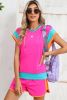 Rose Red Color Block Loose Fit Top and Elastic Waist Shorts Set
