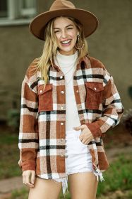Brown Plaid Pocket Casual Buttons Up Shirt Shacket (size: (US 18-20)2XL)