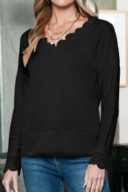 Black Ribbed Texture Lace Trim V Neck Long Sleeve Top (size: (US 18-20)2XL)