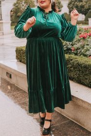 Blackish Green Frill Neck Velvet High Waist Plus Size Dress (size: (US 14W-16W)1X)