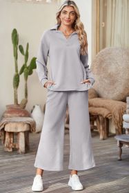 Light Grey Solid Textured Collared V Neck Top and Wide Leg Pants Set (size: (US 20-22)2XL)