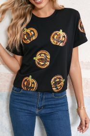 Black Halloween Sequin Pumpkin Face Graphic T Shirt (size: (US 20-22)2XL)