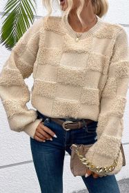Parchment Checkered Sherpa Crew Neck Loose Sweater (size: (US 12-14)L)
