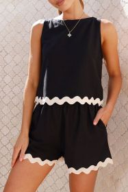 Black Ricrac Applique Sleeveless Top and Pocketed Shorts Set (size: (US 12-14)L)