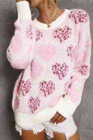 Pink Heart Leopard Print Pearled Ribbed Trim Fuzzy Sweater (size: (US 12-14)L)