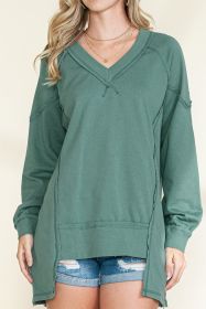 Green Stitching Seam Split V Neck Sweatshirt (size: (US 12-14)L)