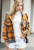 Orange Plaid Patchwork Frayed Trim Snap Button Hooded Jacket