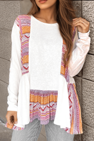 White Geometric Patchwork Long Sleeve Ruffle Babydoll Top (size: (US 12-14)L)