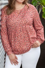Leopard Print Long Sleeve Ruffled Babydoll Plus Size Blouse (size: (US 14-16)1X)