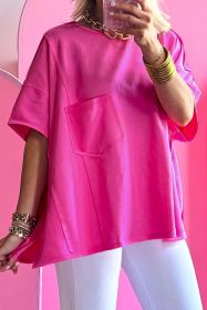Bright Pink Patched Pocket Exposed Seam Oversized T Shirt (size: (US 12-14)L)