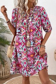 Purple Boho Abstract Print Puff Sleeve Smocked Mini Dress (size: (US 12-14)L)