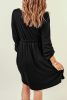 Black Button Front Scoop Neck Long Sleeve Pocket Dress