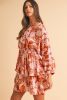 Brown Floral Puff Sleeve Smocked Waist Layered Dress