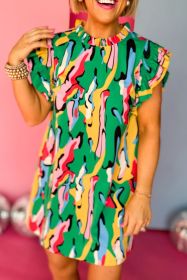 Green Abstract Print Frill Neck Ruffled Sleeve Mini Dress (size: (US 12-14)L)