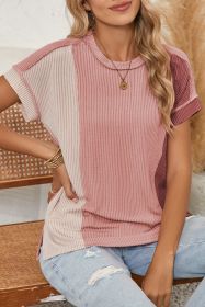 Apricot Pink Colorblock Crinkle Rib Round Neck T Shirt (size: (US 20-22)2XL)