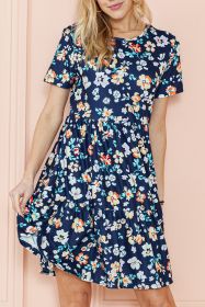 Blue Boho Floral A Line Smocked Waist Mini Dress (size: (US 12-14)L)