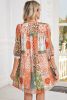 Orange Boho Paisley Mixed Print 3/4 Sleeve Chiffon Loose Dress
