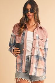 Light Pink Plaid Corduroy Patchwork Pocket Loose Shacket (size: (US 20-22)2XL)