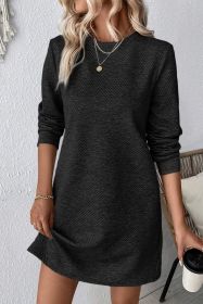 Black Plain Textured Long Sleeve Shift Short Dress (size: (US 12-14)L)