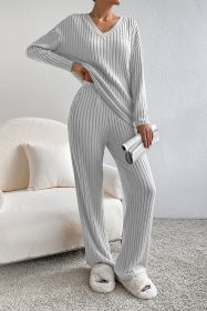 Light Grey Slouchy Ribbed Knit V Neck Top & Pants Loungewear Set (size: 1-2-2-2)