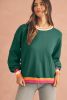 Blackish Green Striped Trim Drop Shoulder Sweater