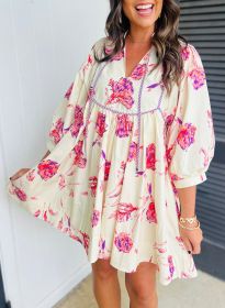 Pink Floral Print Balloon Sleeve V Neck Mini Dress (size: (US 12-14)L)