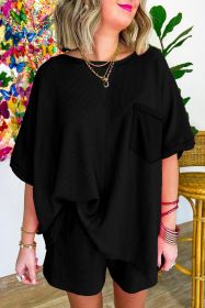 Black Waffle Knit Oversize Tee and Shorts Set (size: (US 12-14)L)