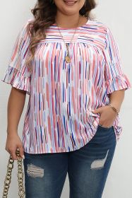 White Stripe Ruffled Short Sleeve Plus Size Blouse (size: (US 14W-16W)1X)