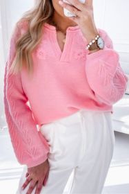 Peach Blossom Flower Pattern Knitted Notched Neck Sweater (size: 1-2-2-2)