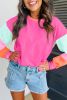 Rose Red Color Block Sleeve Loose Fit Top