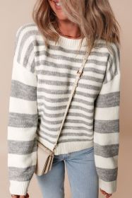 Gray Stripe Drop Shoulder Crew Neck Sweater (size: (US 12-14)L)