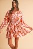 Brown Floral Puff Sleeve Smocked Waist Layered Dress