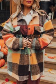 Orange Plaid Print Flap Pocket Shacket (size: (US 12-14)L)