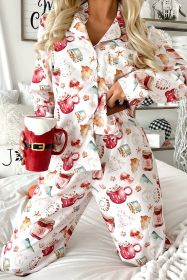 White Christmas Pattern Long Sleeve Shirt and Pants Pajama Set (size: (US 12-14)L)