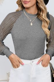 Gray Basic Crew Neck Dressy Striped Mesh Long Sleeve Top (size: (US 18-20)2XL)