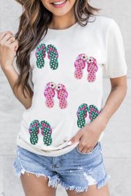 White Sequin Flip Flops Graphic Crew Neck Tee (size: (US 18-20)2XL)