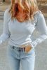 Sky Blue Mineral Wash Long Sleeve Waffle Knit Top