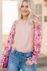 Oatmeal Floral Print Patchwork Smocked Lantern Sleeve Knit Top