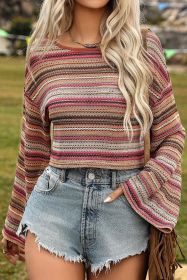Rose Red Ethnic Striped Cropped Long Sleeve Top (size: 1-2-2-2)