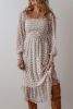 White Floral Print Shirred Ruffled Hem Square Neck Midi Dress